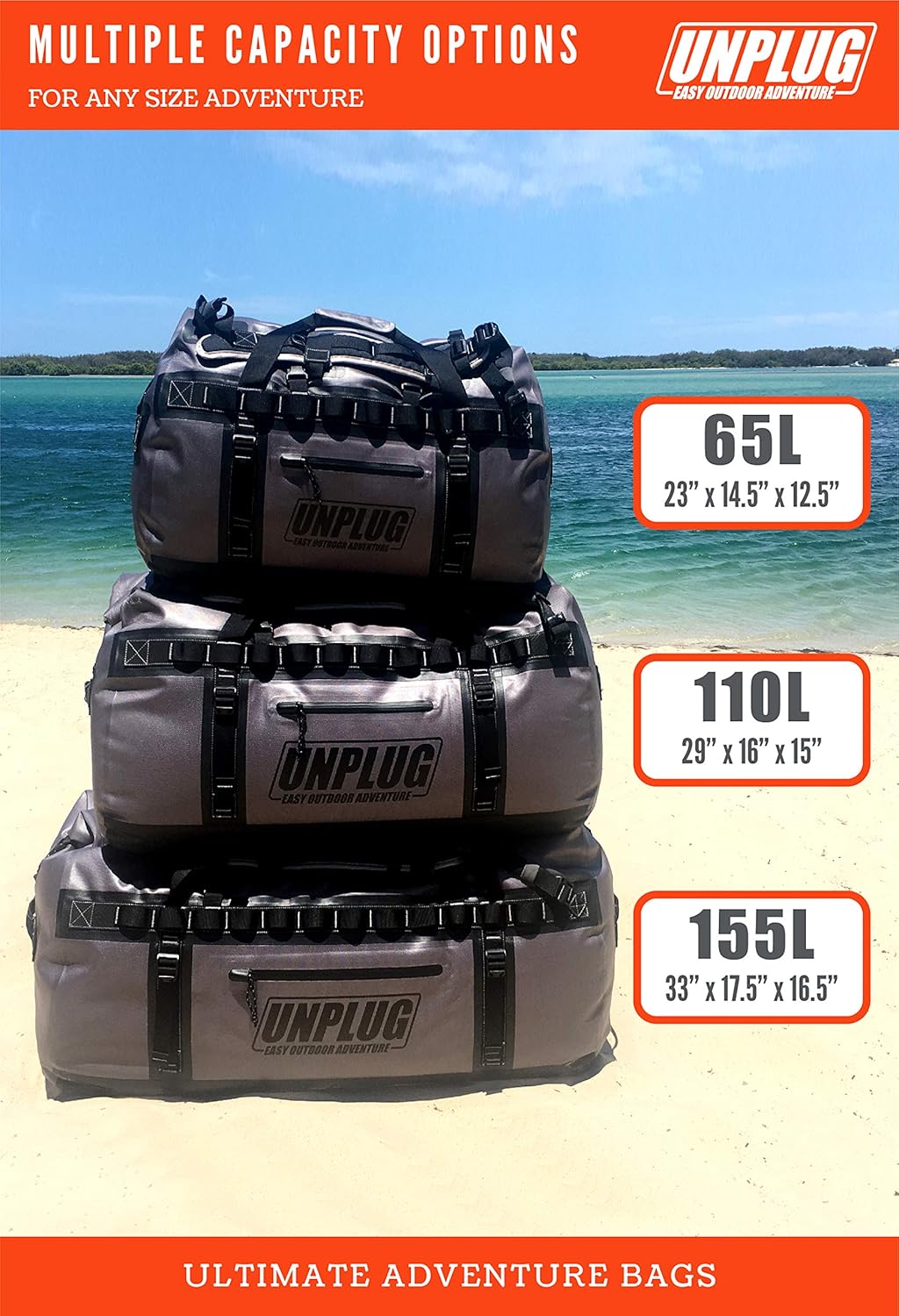 UNPLUG Waterproof Bags for Travel -1680D Heavy Duty Waterproof Duffel Bag for Camping, Motorcycle Dry Bag, Hunting Bag, Bug Out Bag, dry bags for kayaking waterproof boat bag (65L Storm Grey)