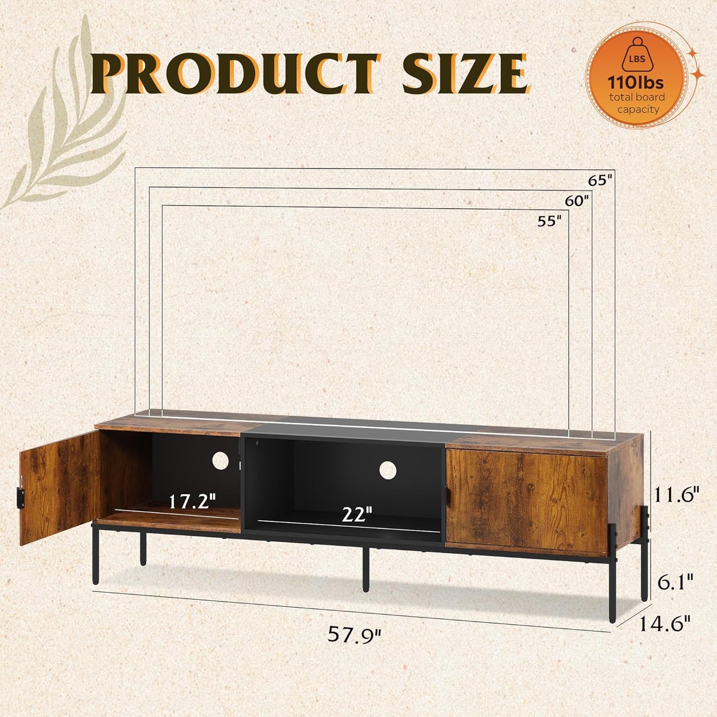 WLIVE Modern TV Stand for 65 Inch TV, Mid Century Entainment Center with Storage, TV Console with Open Shelf and 2 Cabinets for Bedroom and Living Room, TV Cabinet with Metal Legs, Rustic Brown
