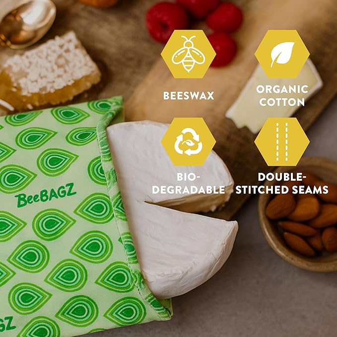 BeeBAGZ - Assorted 3 Pack - Beeswax Wrap Storage Bag - Plastic and Silicone Free - Reusable Beeswax Food Wrap Bags- 2 Sizes (Lunch Pack, 2 Small + 1 Medium, (Multicolor)