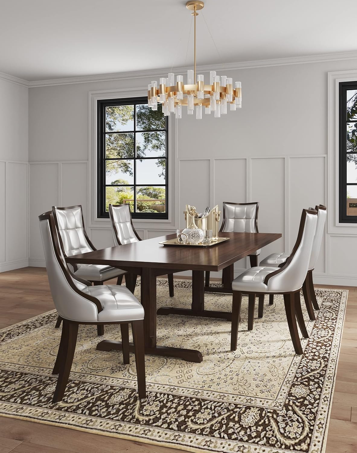 Manhattan Comfort Fifth Avenue Faux Leather Dining Chairs, Parsons Accent Furniture with Padded Wingback Seat, Fine Rectangular Stitching and Solid Beech Wood Frame, Set of 2, Silver