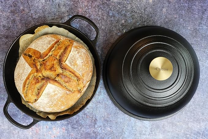 Crucible Cookware Cast Iron Bread Pan, Sour Dough Artisan Bread Oven – Pre-Seasoned – Round 26 cm, 6.25 L (6.6 qt) – Boule Pan with a Deep Lid for Steam Baking