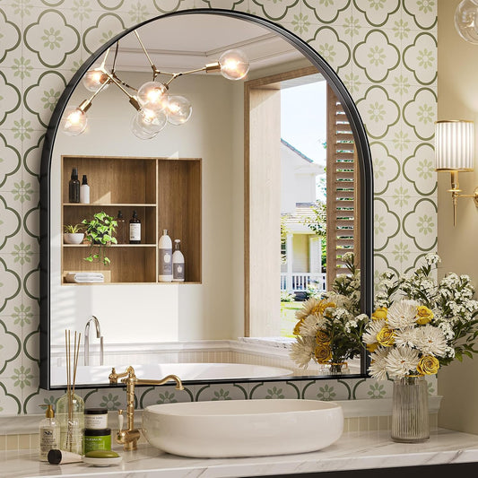 Brightify Arched Mirror, 31 x 33 Inch Black Arch Mirror, Metal Frame Black Arched Wall Mirror, Arched Top Bathroom Vanity Mirror for Living Room Bedroom Mantel Entryway Hallways