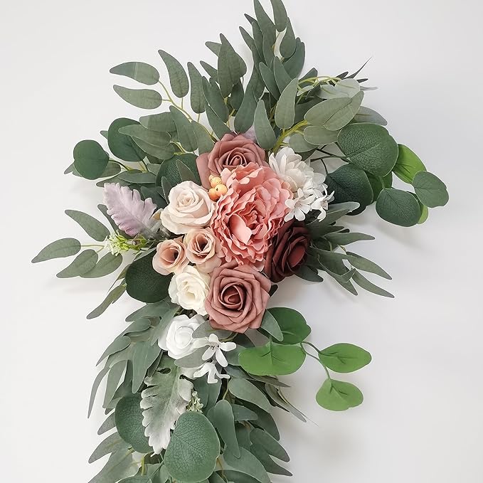 AitnWoy Artificial Wedding Arch Flowers Kit 2 PCS Dust Rose Flowers Silk Peony Floral Swag Welcome Sign for Wedding Ceremony Party Home Garland Decor(Reddish Brown)