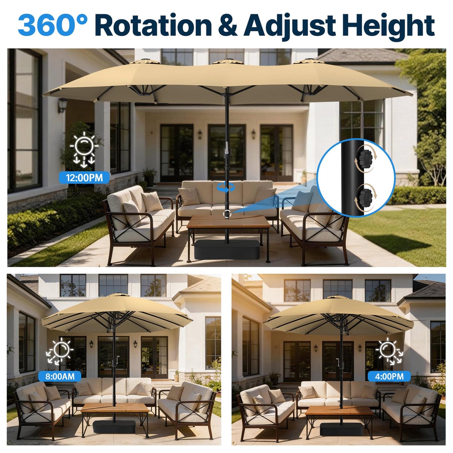 Suteck 15x9 ft Patio Umbrella with Base Included, Double-Sided Rectangle Outdoor Large Umbrella with Crank Handle, UV & Fade Resistant Canopy for Poolside, Backyard, Deck and Market, Beige