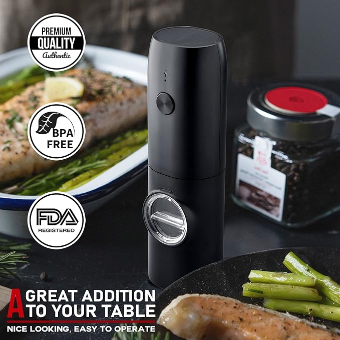 Electric Salt and Pepper Grinder Set of 2, Automatic Pepper Mill,USB Rechargeable, Adjustable Coarseness, One-handed Operation, Ceramic Burr, Refillable, Auto Grinders with Charging Base LED Light