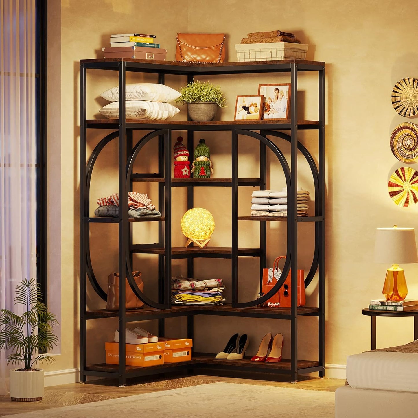 LITTLE TREE Large Corner Bookshelf Industrial Bookcase for Living Room Home Office,Brown