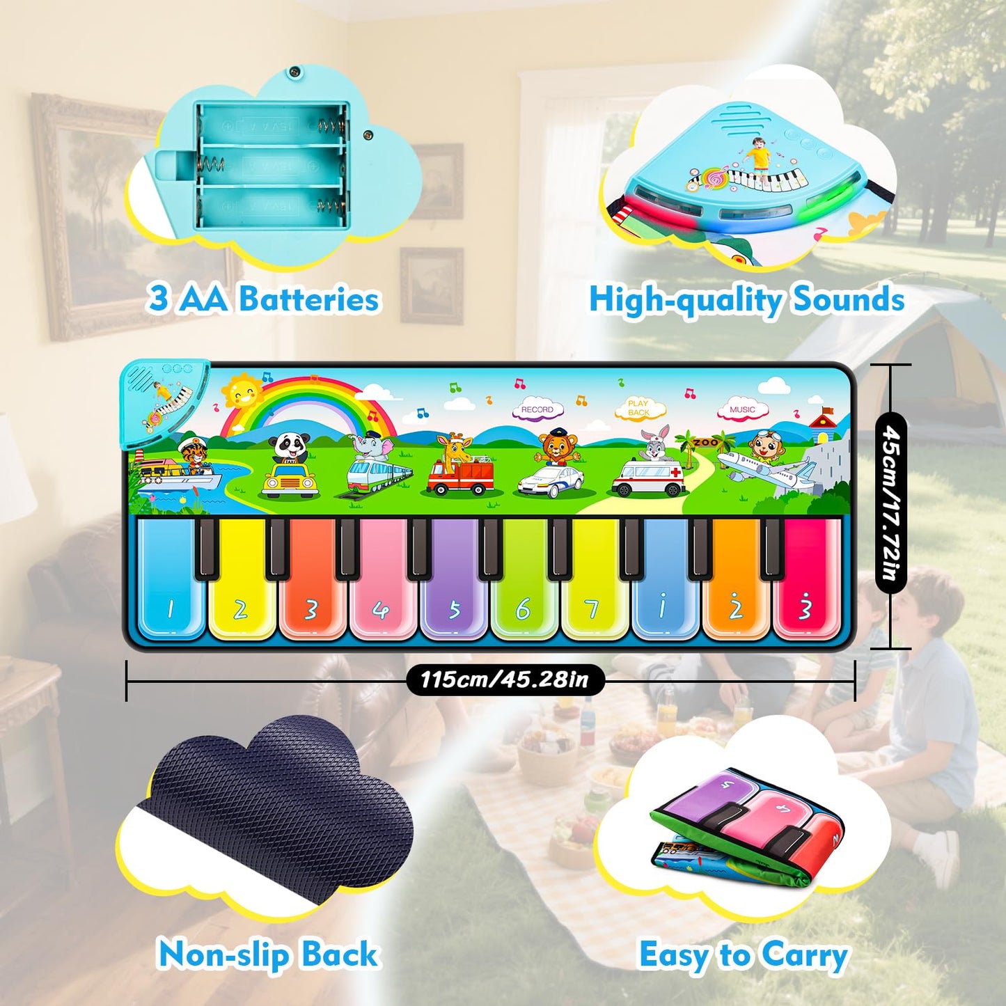 FUCEORUY Piano Mat Musical Toys for Toddlers 1-3, Sensory Learning Toy Floor Piano Playmat Toys for 1 2 Year Old Boy Girl Gifts, with 7 Animal, 7 Vehicle & 10 Songs Sound (Kids Edition)