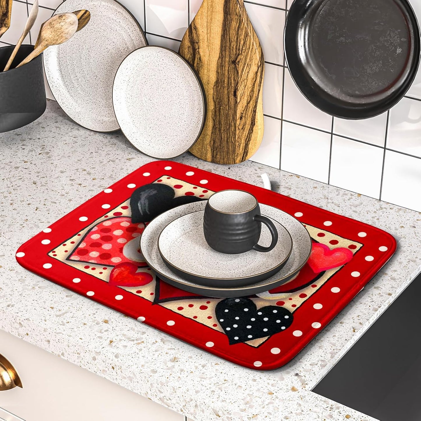 Love Heart Dish Drying Mat 16"x18" Red Dots Microfiber Dish Rack Mat Holiday Absorbent Fast Dry Draining Pad for Kitchen Counter Bar Sinks