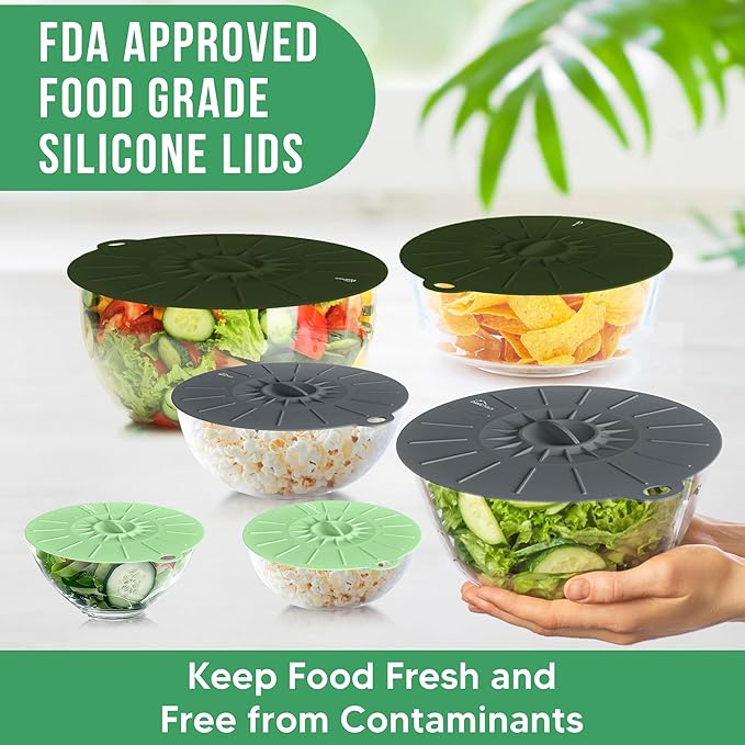 Silicone Lids for Food Storage - 5 Pack - 3 Sizes - Food Grade - Reusable Silicone Bowl Covers for Pots and Pans - Microwave Splatter Cover - Fits Cups, Plates,-Stove, Oven, Fridge, Dishwasher Safe