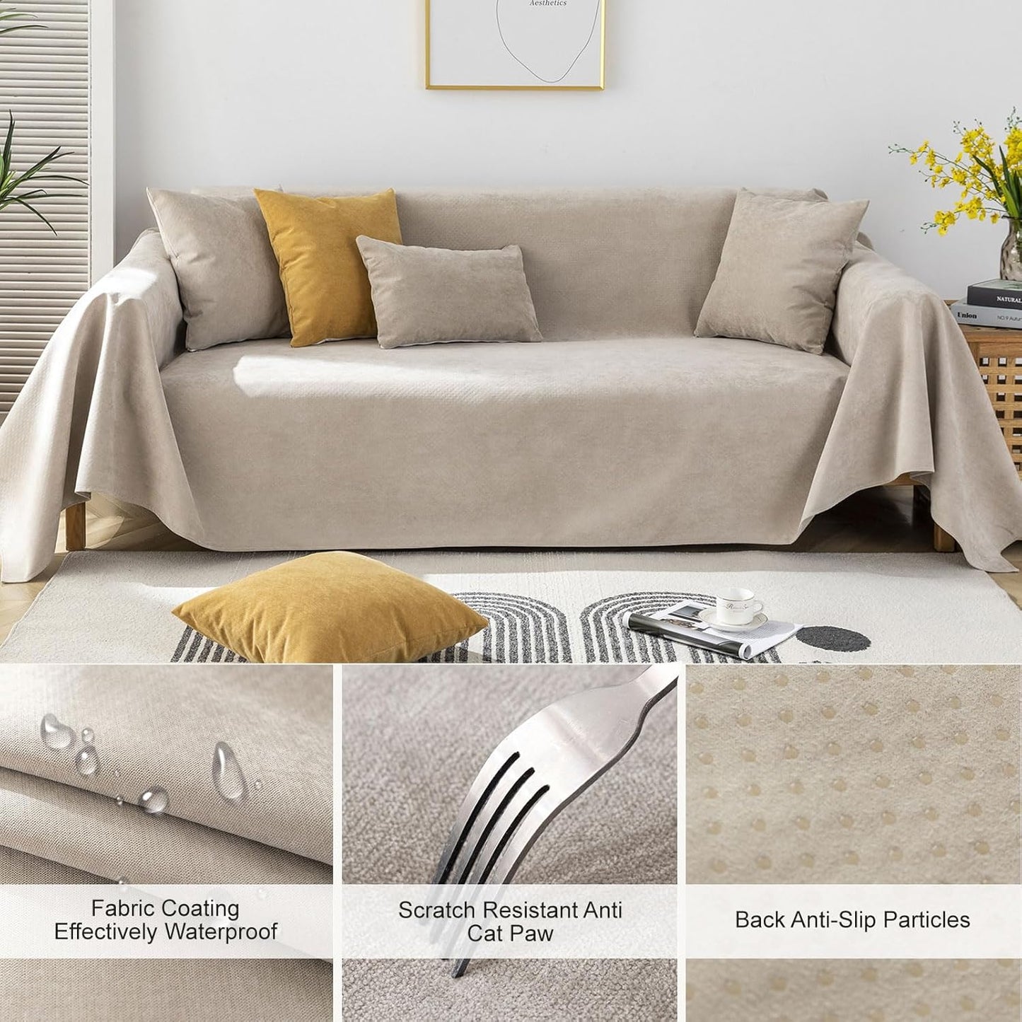 STACYPIK Waterproof Non-Slip Beige Couch Cover for Dogs, Anti-Cat Scratch Sofa Covers for Pets, Non-Slip Couch Covers for 2-3 Cushion Couch, Loveseat for Sectional Sofa, Furniture Protector-71X102IIN