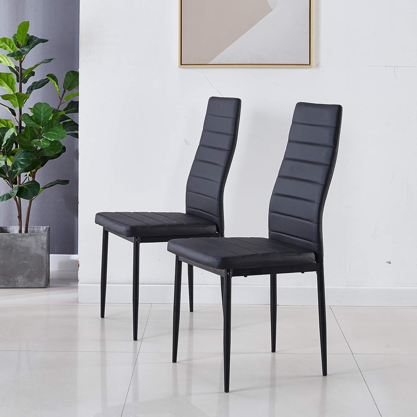 Modern Minimalist Dining Chair Fireproof Leather Sprayed Metal Pipe Diamond Grid Pattern Restaurant Home Conference Chair Set of 4 Or 6 (4, Jet Black)