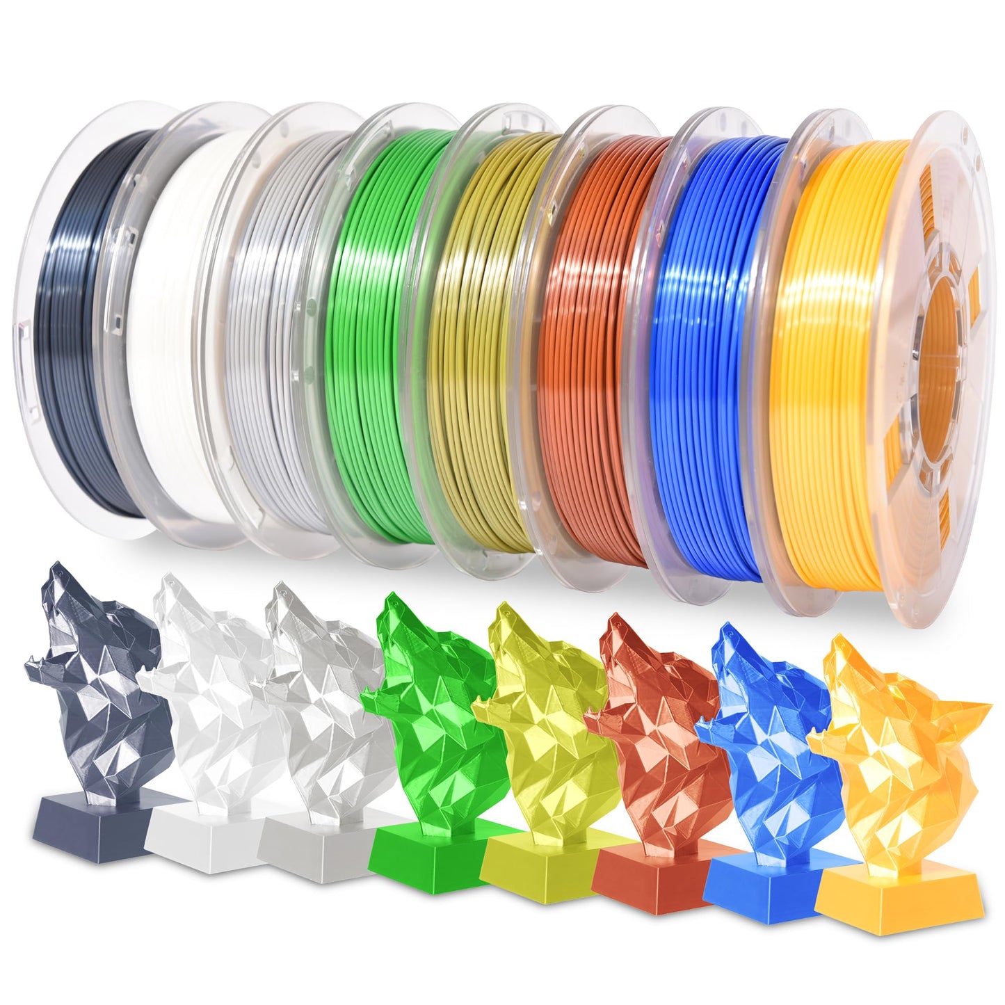 RAMBERY 250gx8 Silk PLA Filament Bundle 1.75mm 3D Printer Filaments, 8 Colors 250g Spool, Black/White/Silver/Green Bronze/Gemsto