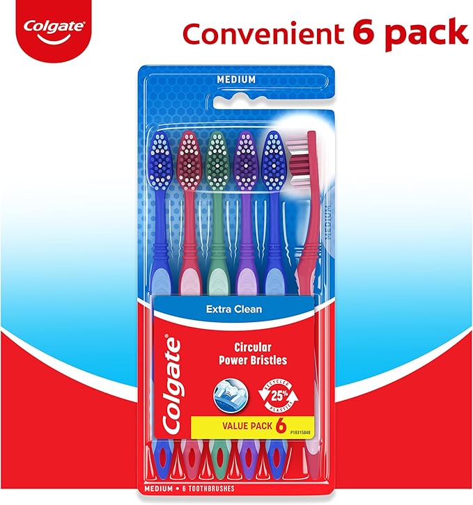 Colgate Extra Clean Toothbrush, Medium Toothbrush for Adults, 6 Count (Pack of 12)