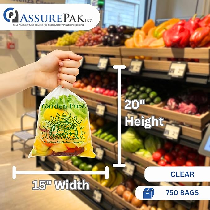 ASSUREPAK Clear Produce Bags Roll - 750 Bags - 15"x20" – for Grocery, Small Business, Reusable Produce Use, Food & Storage Needs, Garden Fresh, Narrow Profile, Kitchen Use