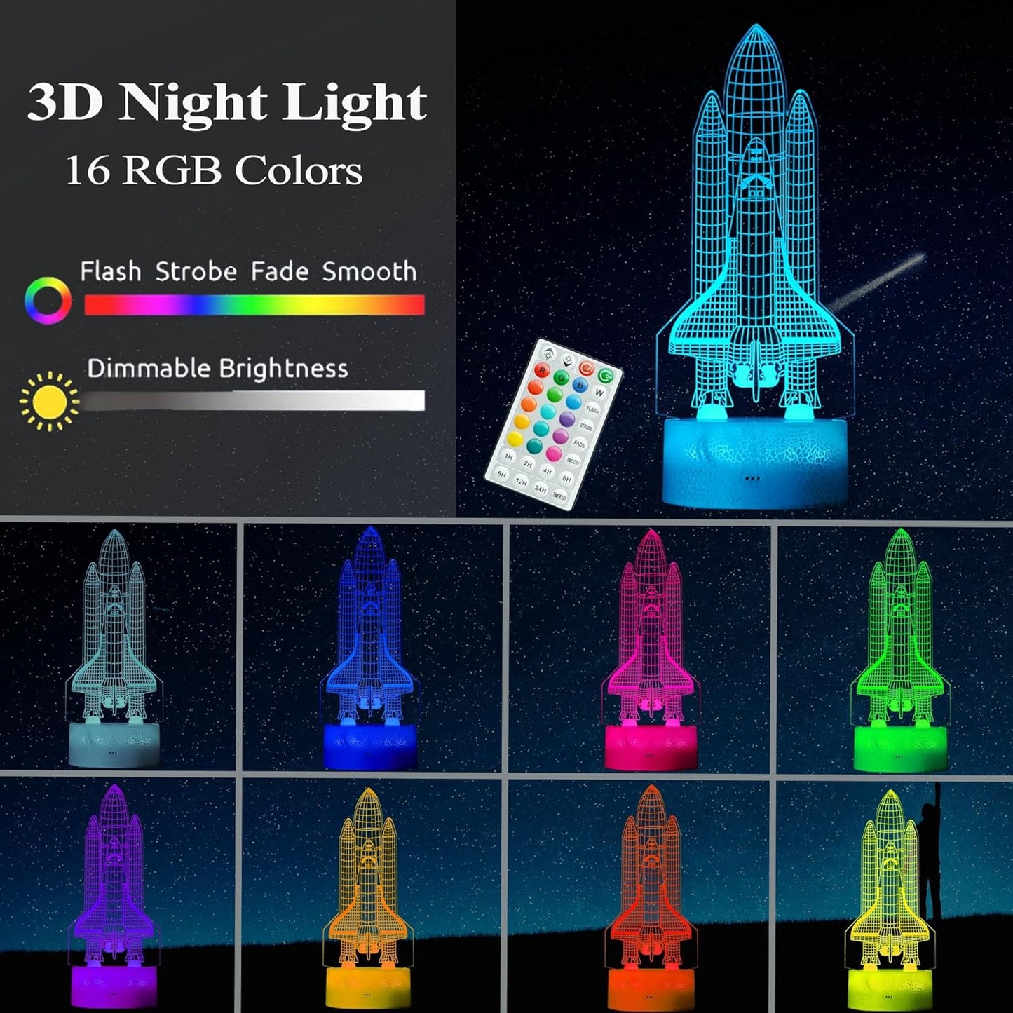 Space Shuttle Night Light, Space Shuttle Gifts, Rocket 3D Illusion Lamp with 16 Colors Changing, Timer, 4 Flash Modes and Dimmable, Kids Boys Girls Room Decoration, Holiday Xmas Spaceship Gifts