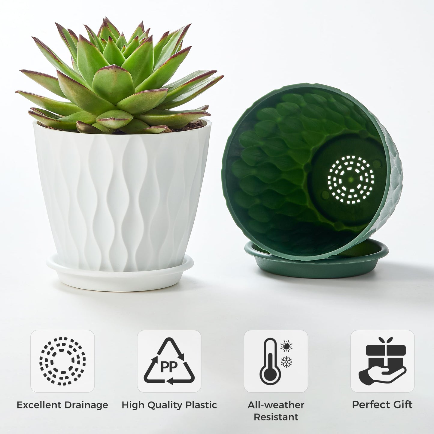FaithLand 6-Pack 6-Inch Plastic Plant Pots with Saucers | Thickened PP Material, Modern Wave Texture, Enhanced Drainage for Indoor/Outdoor Garden Plants | Tricolor Value Set