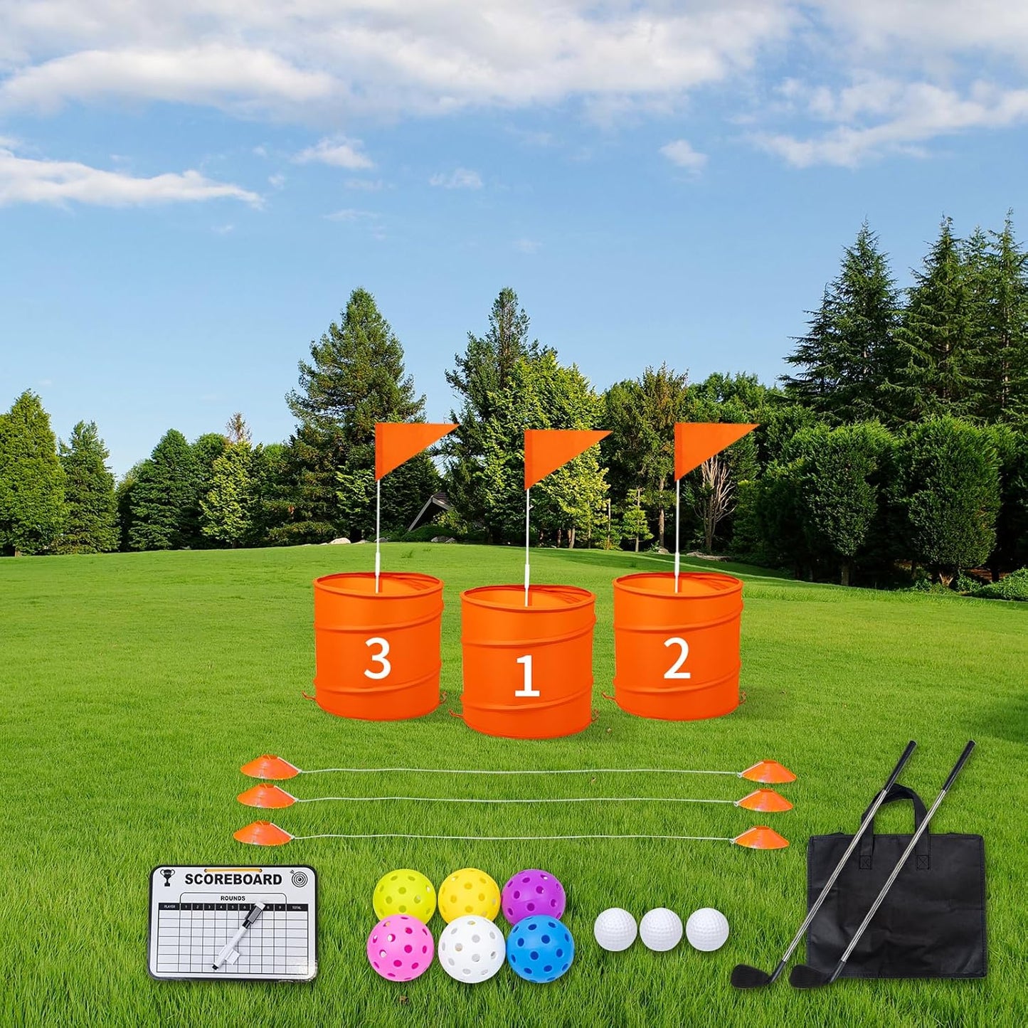 Orange 3PCS Backyard Golf Game, Set with:3Pop-Up Holes + 3 Flags + 6 Tee Boxes + 3 Game Balls + 1 Carrying Bag + 3 Connecting Ropes + 1 Scoreboard + 2 Clubs + 3 Golf Balls + 1 Manual,Outdoor