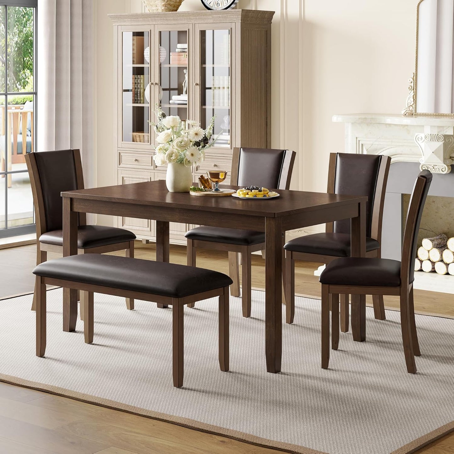 KEIKI 6-Piece Standard Height Dining Table Set with Rectangular Table, 4 Upholstered Chair, Bench, for 6 Person, Farmhouse Rustic Table Set, Easy Assembly, for Kitchen, Dining Room, Dark Walnut
