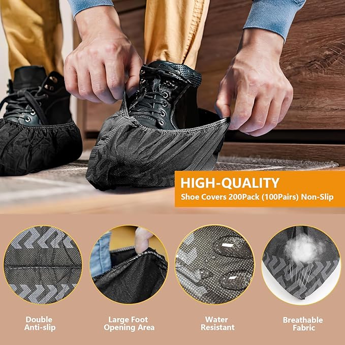 Shoe Covers Disposable 200 Pack (100 Pairs) - Durable, Non-Slip, Water Resistant, and Recyclable Boot Covers for Indoor and Outdoor Use - One Size Fits Most (Non-woven-Black)