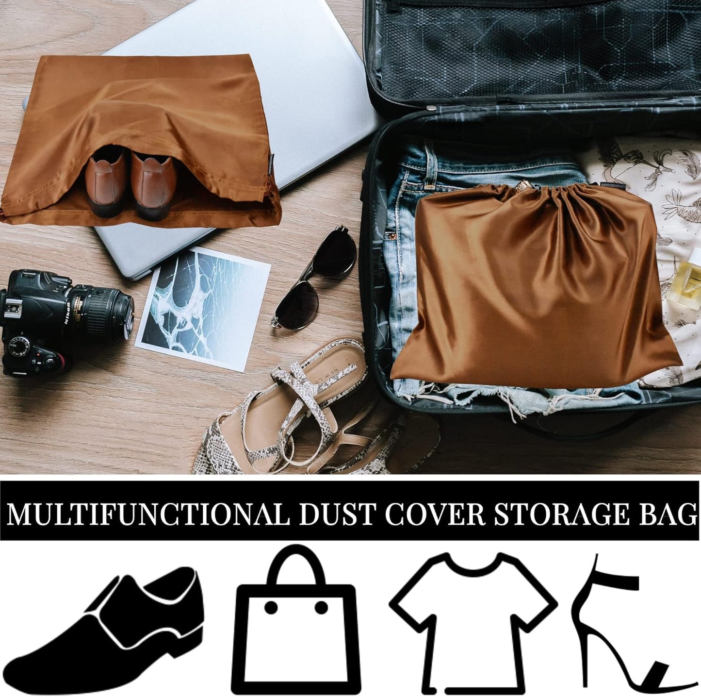 6 Pack Dust Bags for Handbags Silk Dust Cover Bag for Handbags Purses Shoes Boots, Silk Dustproof Drawstring Bag Travel Storage Pouch (Brown, 19.6 × 15.7 in)