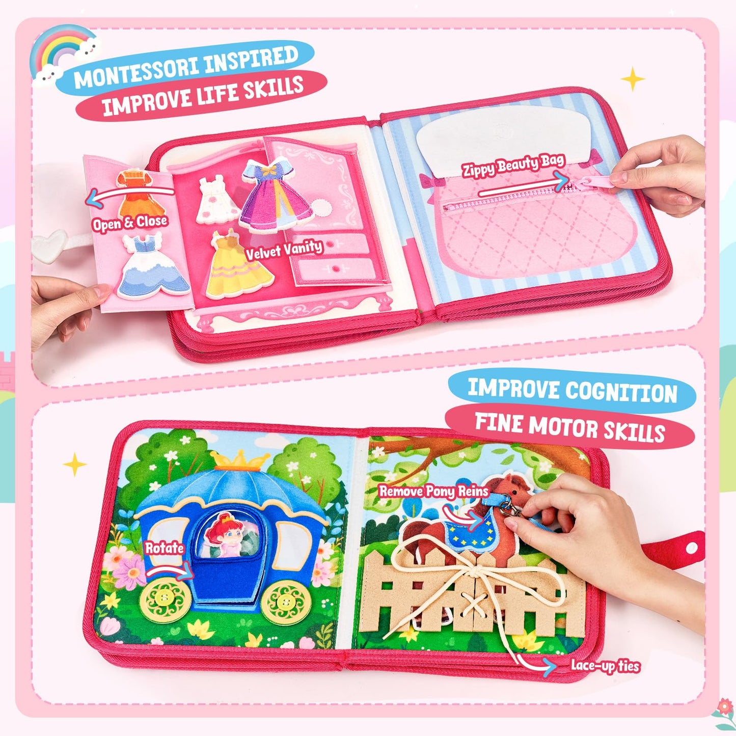 JoyCat Travel Toys for Toddlers 1-3, Princess Busy Book – Busy Book for 1 Year Old, Dress-Up, Unicorn & Castle Play –Quiet Toy Fine Motor Skills, Easter Basket Stuffers Gifts for Kids Girl
