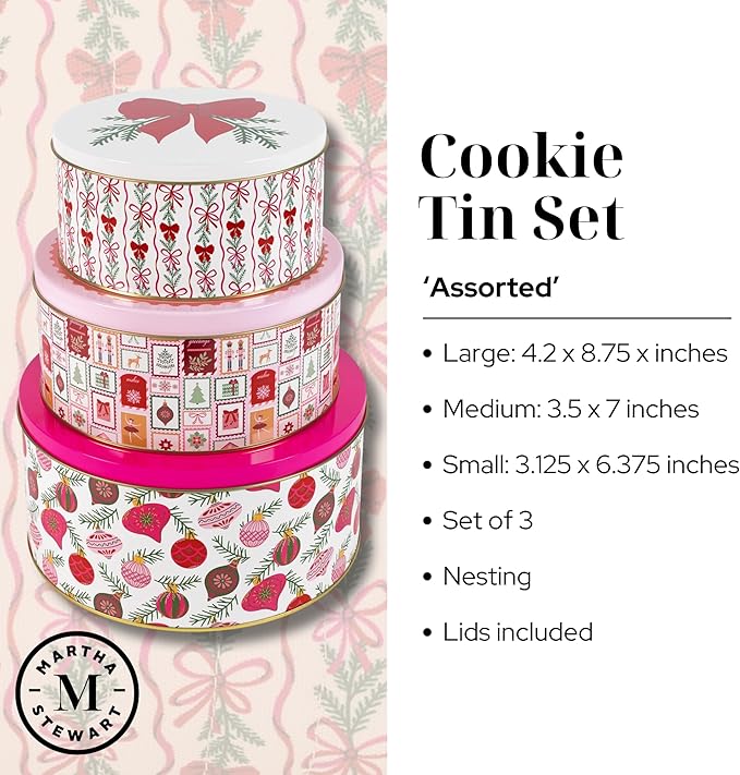 Martha Stewart Metal Cookie Tins, 3-Piece Nesting Set, Small, Medium & Large, Christmas Containers for Gift & Storage (Ornaments and Bows)