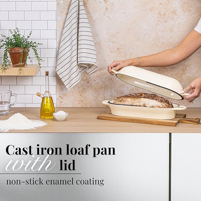 Enamelled Cast Iron Bread Loaf Pot – Dutch Oven For Sourdough Bread Baking – Oven Safe Non Stick Bread Pot – Rectangular, Cream, 34cm x 16cm – by Nuovva