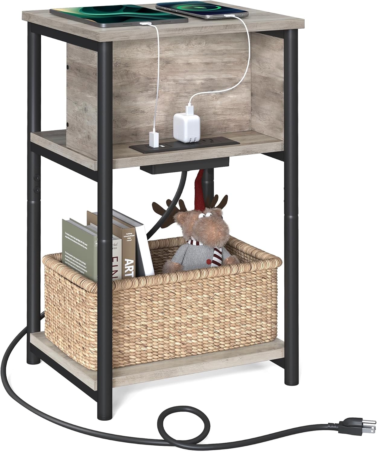 VASAGLE Side Table with Charging Station, 3-Tier End Table with USB Ports and Outlets, Nightstand for Living Room, Bedroom, 11.8 x 13.4 x 22.8 Inches, Plug-in Series, Greige and Black