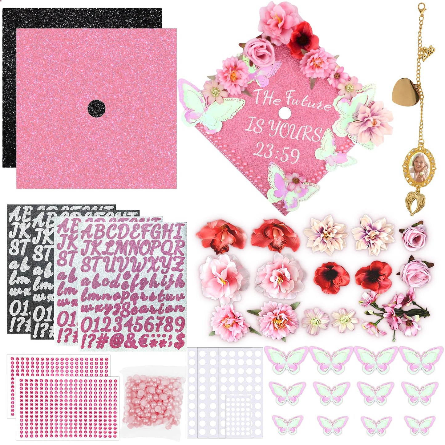 Graduation Cap Decorations Kit,Pink & Black Glitter Cardboard Stickers Faux Assorted Flowers 3D Butterfly Pearl Rhinestones Alphabet Number Decals for DIY Hat Grad Cap Topper Graduation Decor Supplies