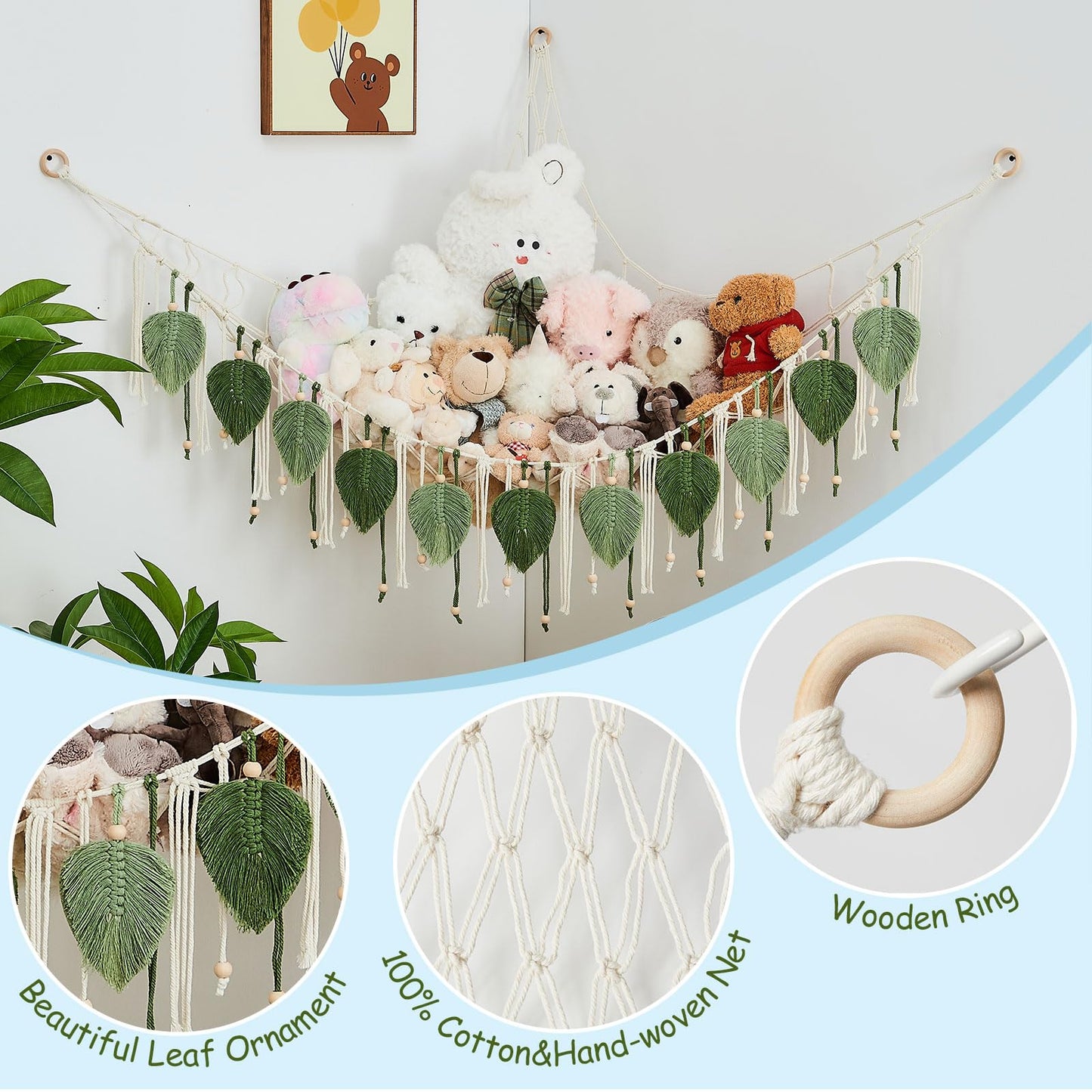 Pretty Jolly Macrame Stuffed Animal Hammock with Beads Hand Woven Leaf Tassels Corner Hanging Net Boho Plush Holder for Toys Kid Room Nursery Decor Organizer for Girls Gift(Sage Green&Avocado Green)