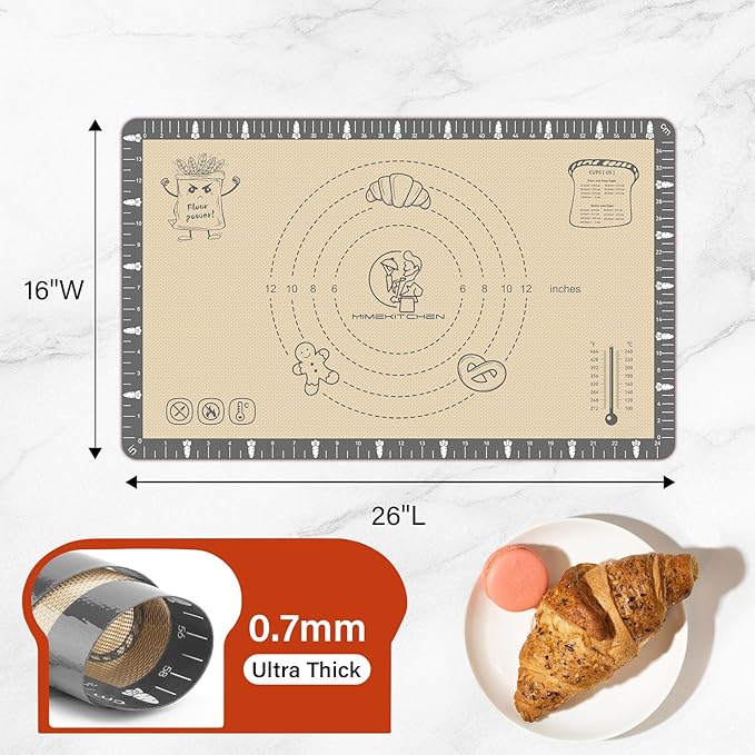 Extra Thick Silicone Mat for Baking Macaron, Bread, Pizza, Silicone Baking Mat with Measurement, Non Stick Pastry Mat for Dough Rolling Out, Heat Resistant to 480°F Gift for Baker