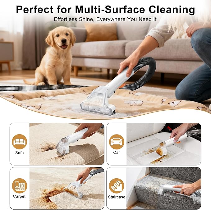 Portable Carpet & Upholstery Spot Cleaner Machine, Pro 18Kpa Powerful Suction Carpet Shampooer for Pet Stains, Furniture, Sofa, Stairs & Car Deep Cleaning with Dual Brush Heads & Cleaning Solution