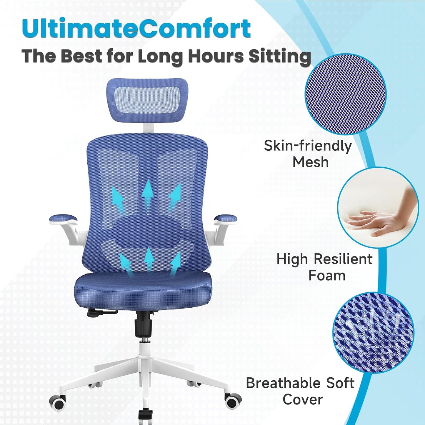 Ergonomic Office Chair - Comfy Desk Chairs with Wheels and Arms, 400LB Heavy Duty Mesh Computer Chairs with Comfortable Head Lumbar Back Support for Office, Bedroom, College Dorm and Study