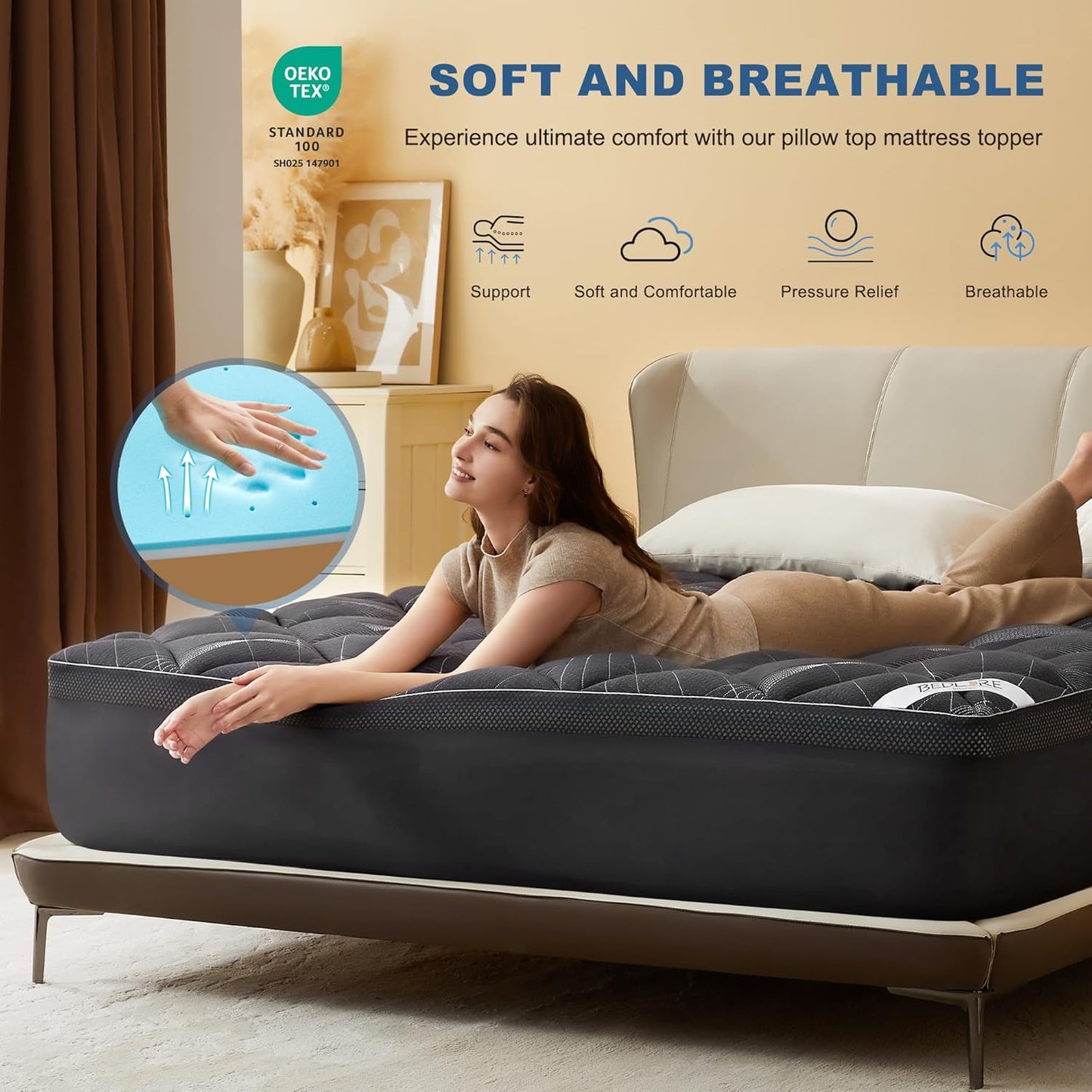 Bedlore 4-Inch California King Mattress Topper for Back Pain - Dual Layer Medium Support (2" Gel Memory Foam + 2" Cooling Fluffy Pillow Top Pad), Breathable & Pressure Relief (Gray)