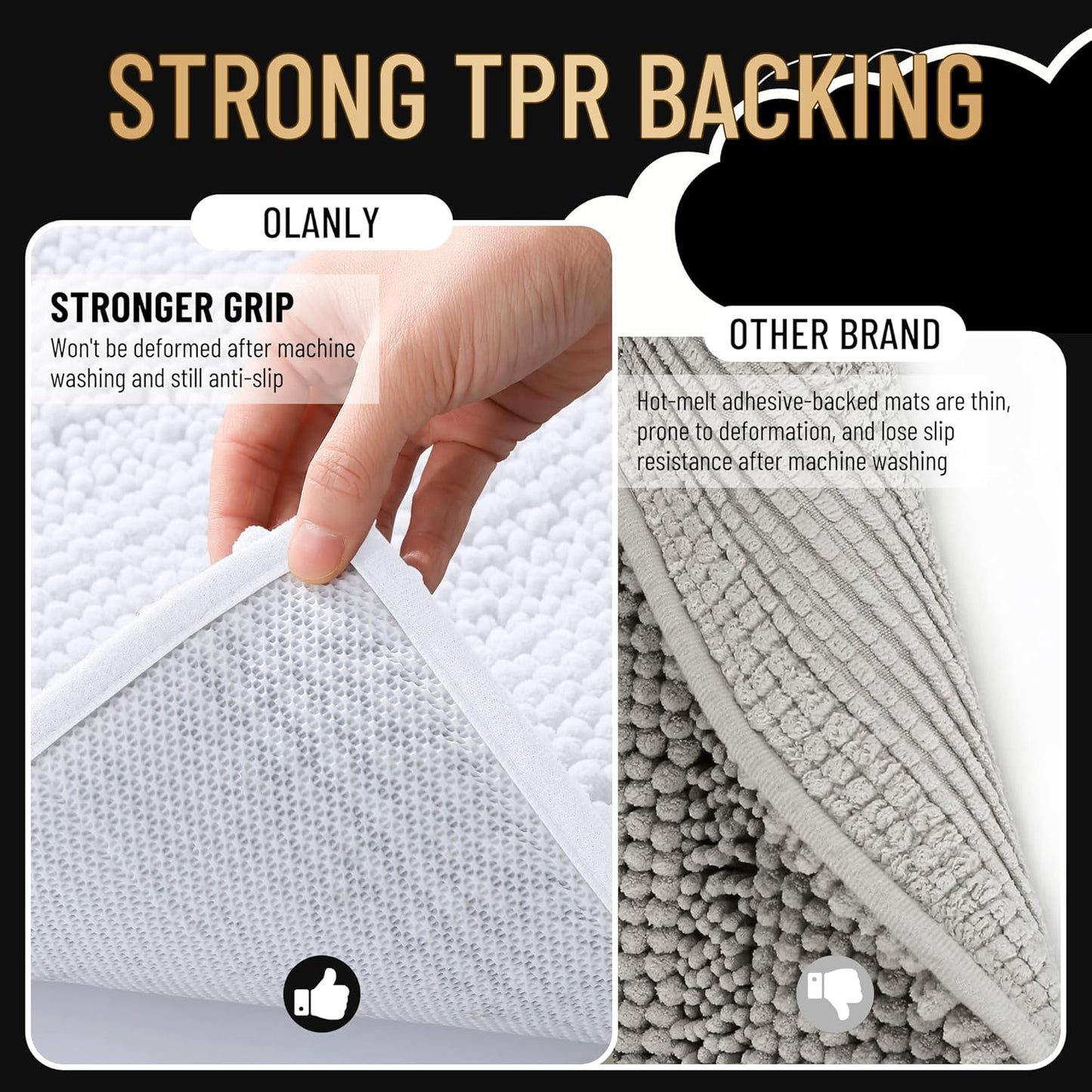 OLANLY Thick Bathroom Rugs 70x24, Extra Soft Absorbent Chenille Striped Bath Rugs, Rubber Backing, Machine Wash Dry, Bath Mats for Bathroom Floor, Tub and Shower, Home Decor Accessories, White