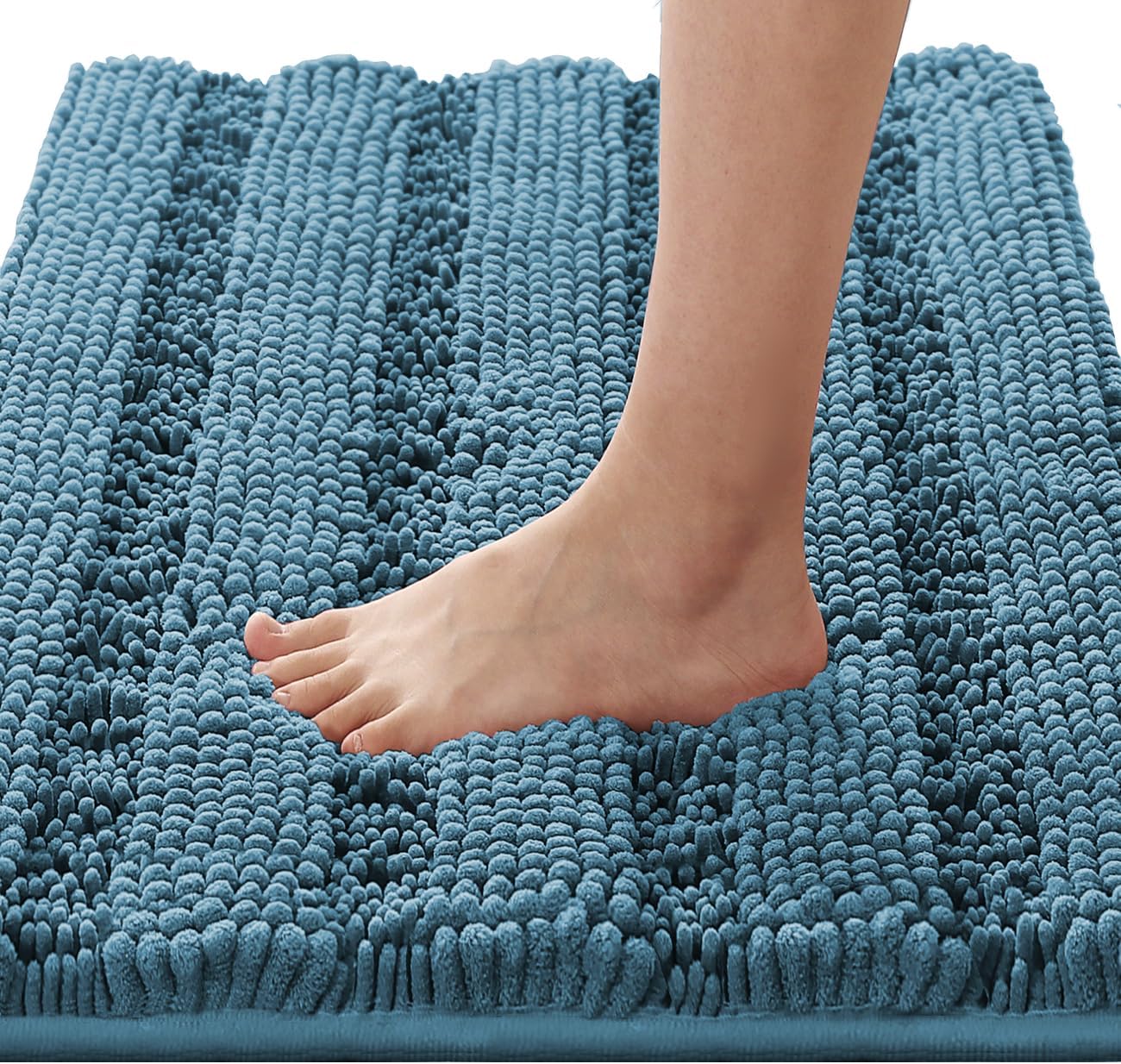 H.VERSAILTEX Bath Rugs for Bathroom Non Slip Bath Mats Extra Thick Chenille Striped Rug 20" x 32" Absorbent Non Skid Fluffy Soft Shaggy Washable Plush Mat for Indoor, Bath Room, Tub - Turquoise Blue