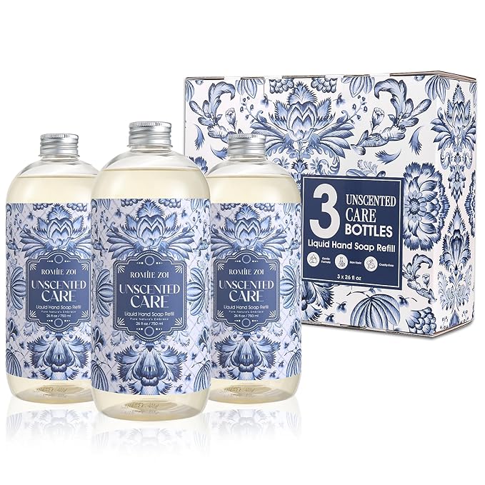 ROMIIE ZOI Liquid Hand Soap Refills Gift Set – Unscented – 3 x 26 Fl Oz Bottles – Plant-Based, Non-Toxic, Fragrance-Free & Gentle Moisturizing Formula – for Sensitive Skin, Bathroom, Kitchen