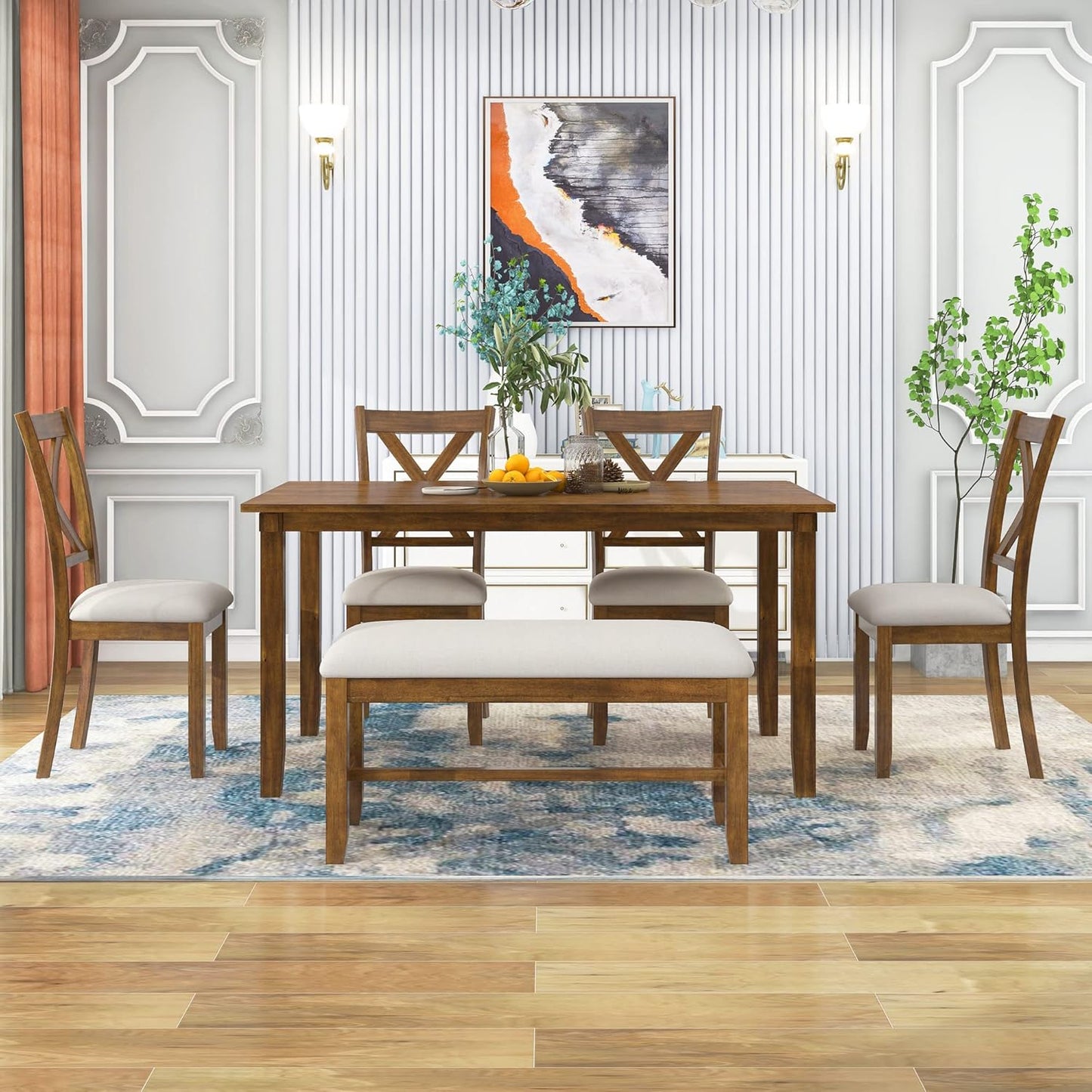 6 Pieces Dining Table Set with 60" Rectangle Kitchen Desk,Living Room Furniture W/ 4 "X-Shaped Curved Backres Fabric Chairs & 1 Bench,for Restaurant,Home Bistro,Natural Cherry