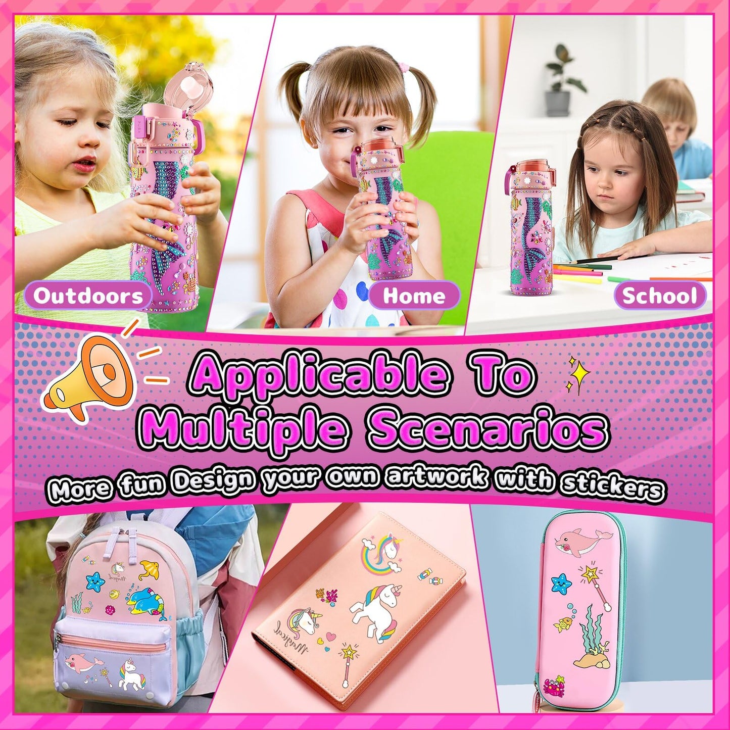 BOOH Decorate Your Own Water Bottle Kits for Girls, Mermaid Painting Diamond Art & Bracelet Making Kit for Girl, Crafts for Kids Ages 4-8, Birthday Christmas School Gifts (Mermaid)