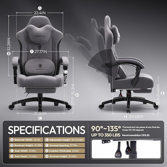 Dowinx Gaming Chair with Heated Massage Lumbar Support,Big and Tall Fabric Gaming Chairs for Adults with Footrest, Ergonomic Computer Game Chair with Poket Spring Cushions, 350lbs, Gray