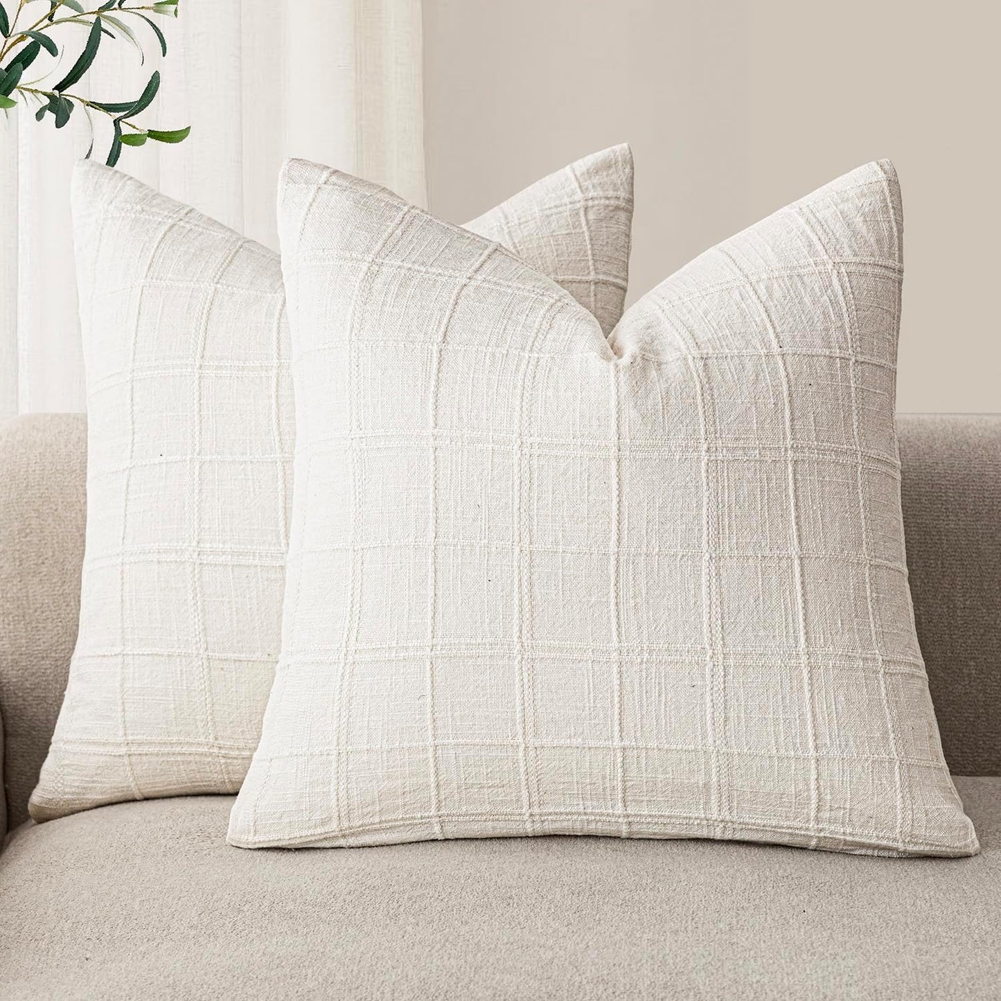 Foindtower Set of 2 Decorative Linen Check Throw Pillow Covers Neutral Farmhouse Vintage Cushion Covers Modern Boho Home Decor for Sofa Chair Couch Bedroom Living Room Outdoor,16×16 Inch,Cream White