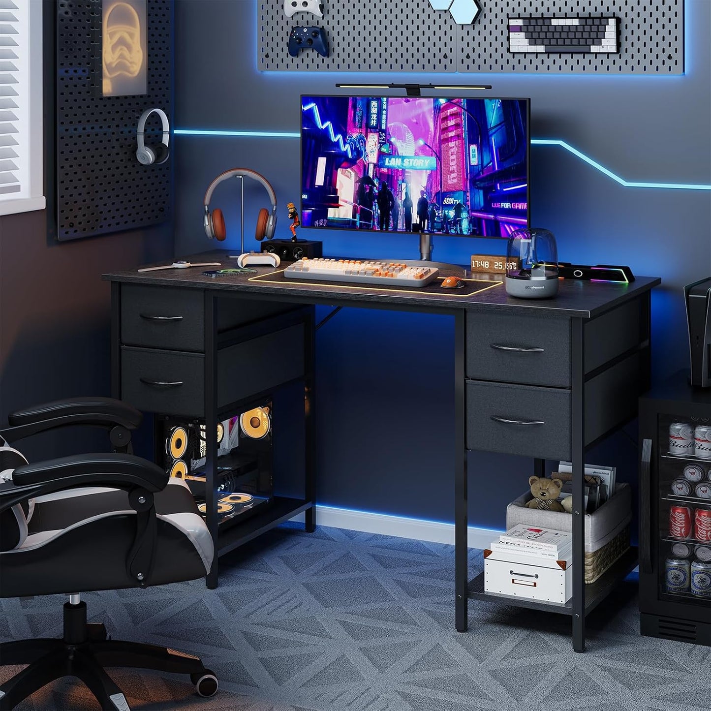 Computer Desk with 4 Drawers, 47 Inch Office Desk with Storage, Gaming Desk with CPU Shelves, Writing Desk Work Desk for Home Office, Study, Bedroom, Work from Home, Black