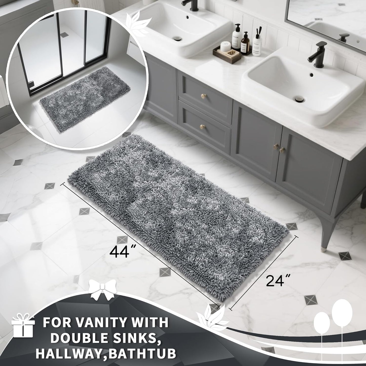 Yimobra Luxury Chenille Bathroom Rug Mat, Extra Soft and Absorbent Shaggy Bath Rugs Non Slip, Machine Washble Dry, Plush Floor Carpet for Tub, Shower, and Bath Room, 44x24 Inch, Silver