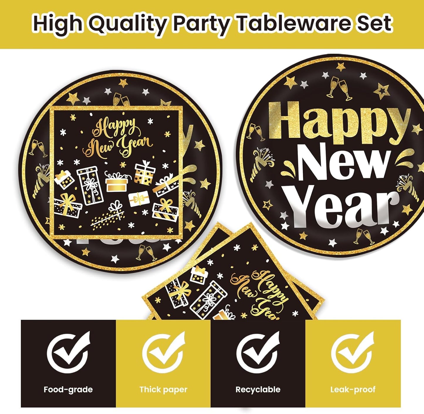 40PCS Happy New Year Paper Plates and Napkins Party Supplies, Disposable New Year Party Plates and Napkins Tableware Set for 2025 New Years Eve Party Decorations Serves 20 Guests (New Year)