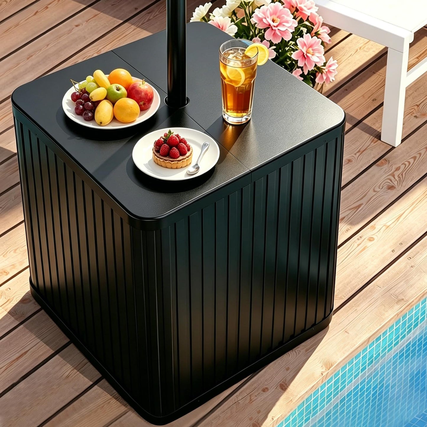 Umbrella Side Table with Hole, Fit Up to 1.5" Poles, Heavy Duty Fillable Base, 132 lbs Capacity, 2 in 1 Outdoor Patio Side Table for Patio Porch Deck Balcony Poolside, Easy Assembly, Modern Style