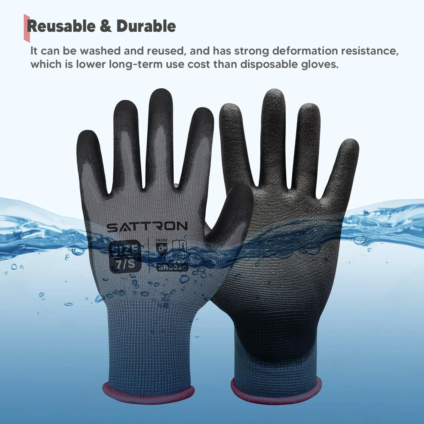 SATTRON Safety Work Gloves PU Coated, 12 Pairs Seamless Knit Gloves with Polyurethane Coating Working Gloves Excellent Grip for Men & Women, Breathable, Ideal for General Duty Work DIY ((Grey, Small)