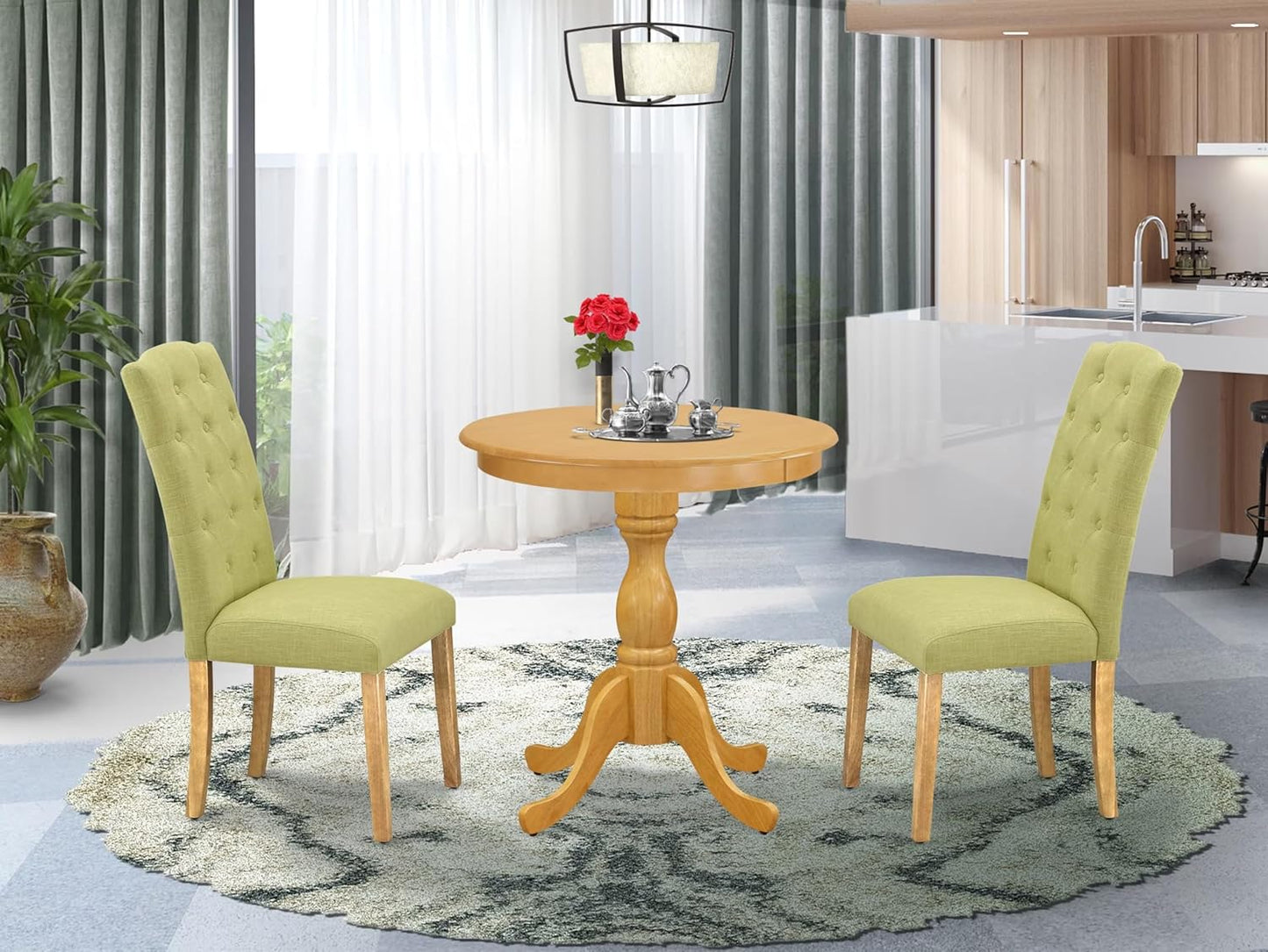 East West Furniture ESCE3-OAK-07 3 Piece Dinette Set for Small Spaces Contains a Round Dining Table with Pedestal and 2 Limelight Linen Fabric Upholstered Chairs, 30x30 Inch, Oak