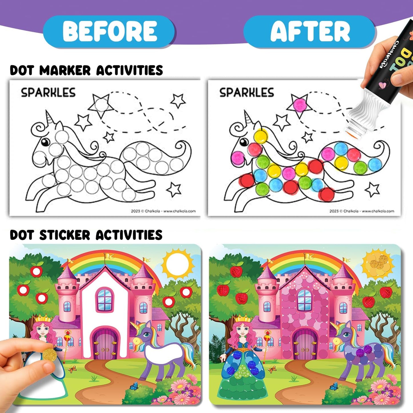 Chalkola Dots of Fun - 8 Washable Dot Markers + Dot Art Sticker Activity Kit | Toddler Art & Craft Supplies for Kids, Stocking Stuffers, Gifts for Boys & Girls Ages 3, 4, 5, 6, 7 Year Old