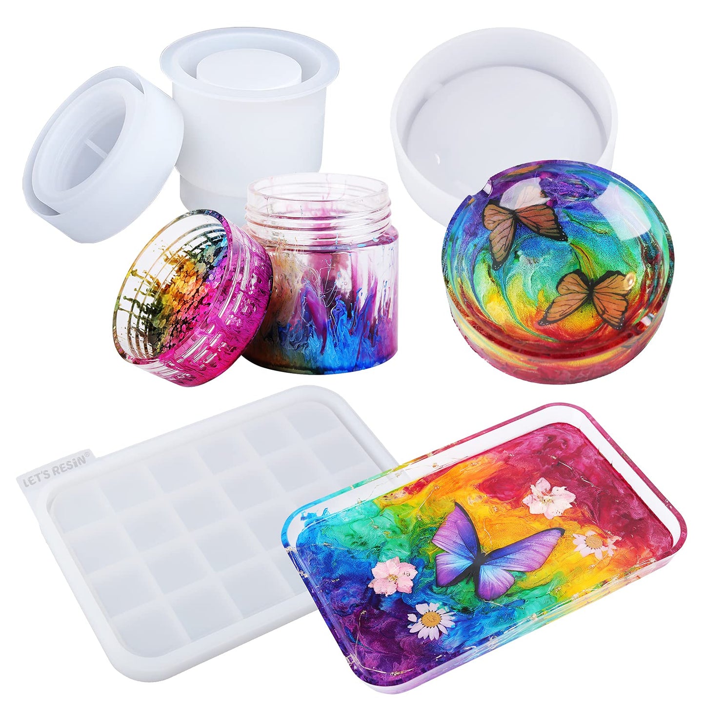 LET'S RESIN Tray Molds, Jar Silicone Molds with Lid, Resin Molds for Epoxy Resin, Silicone Molds Kits for DIY Art Furniture Dtorage and Decoration, Festival Gifts