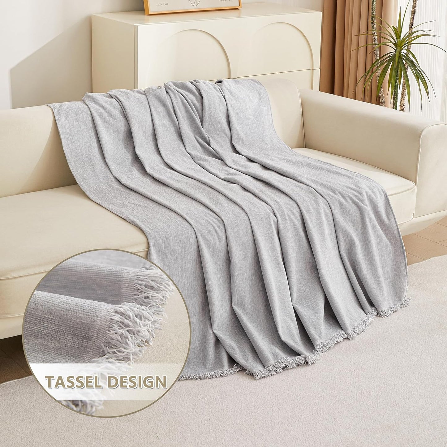 MYSKY HOME Couch Cover for Pets Light Grey Couch Covers for 2 Cushion Couch Sofa Simple Tassel Sofa Covers for Loveseat L Shaped Chenille Couch Cushion Covers for Dogs Kids Easy Install,91" X118"